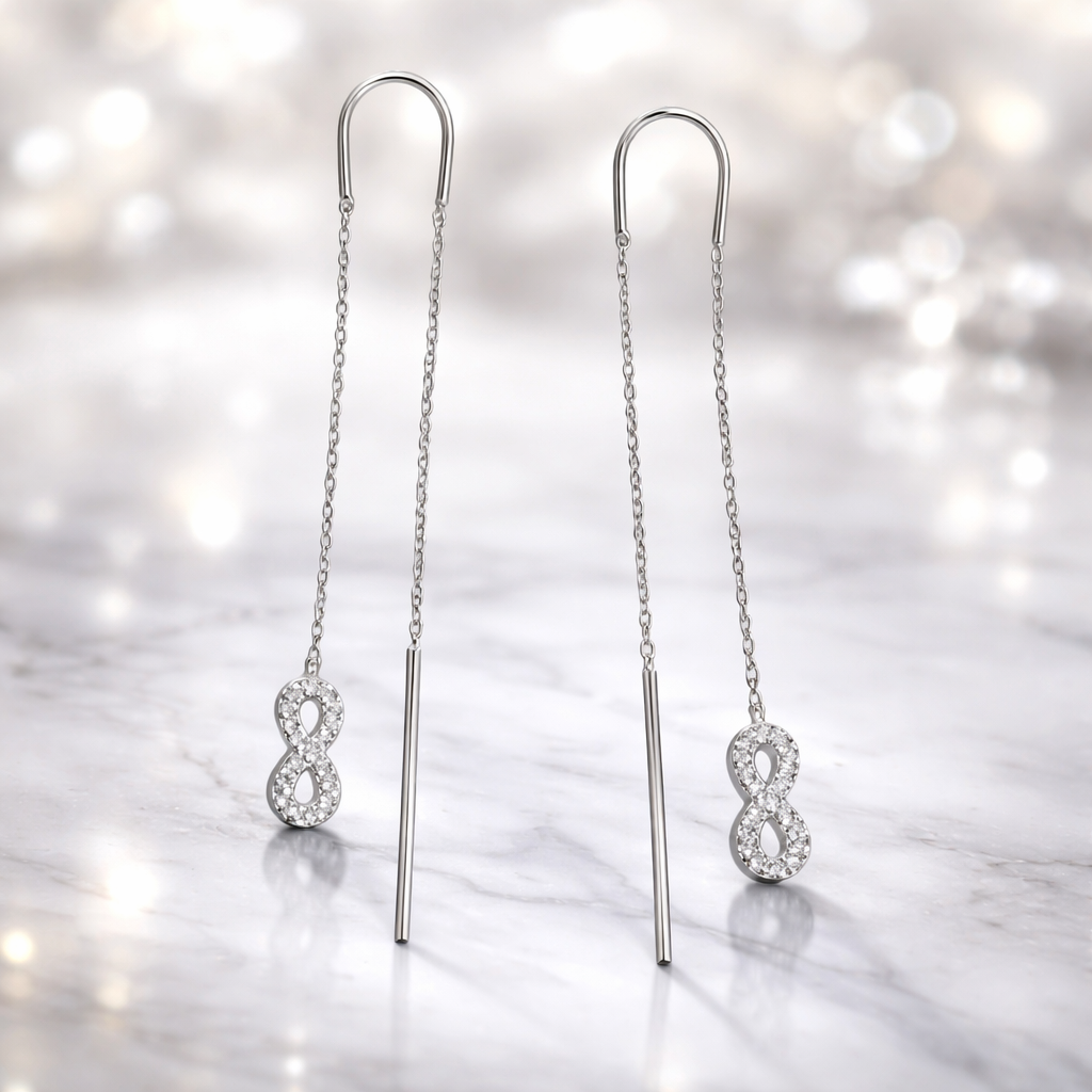 Cercei Lungi Tip Threader din Argint 925 cu Simbol Infinit și Zirconii – Eleganță Minimalistă Premium, 7.5 cm, Infinity Earrings Romania. CD626