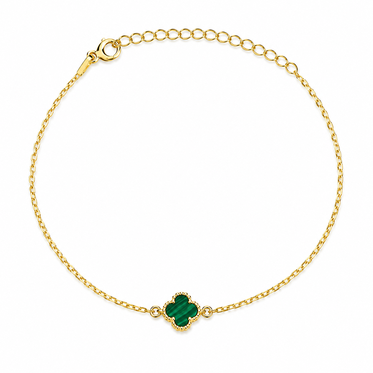 Brățară Clover Green Luxury din Argint 925 Placat cu Aur 14K și Malachit Verde – Model Inspirat Van Cleef, Ajustabilă 18+4 cm. BD303