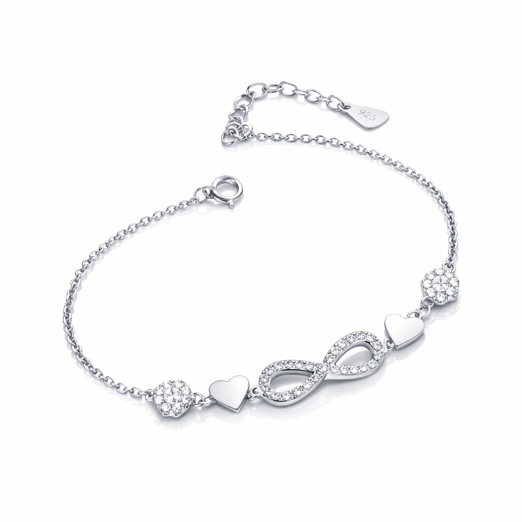 Brățară din Argint 925 Rodiat cu Simbol Infinit și Inimi Pavé, Lungime Ajustabilă 16+3 cm. BD428