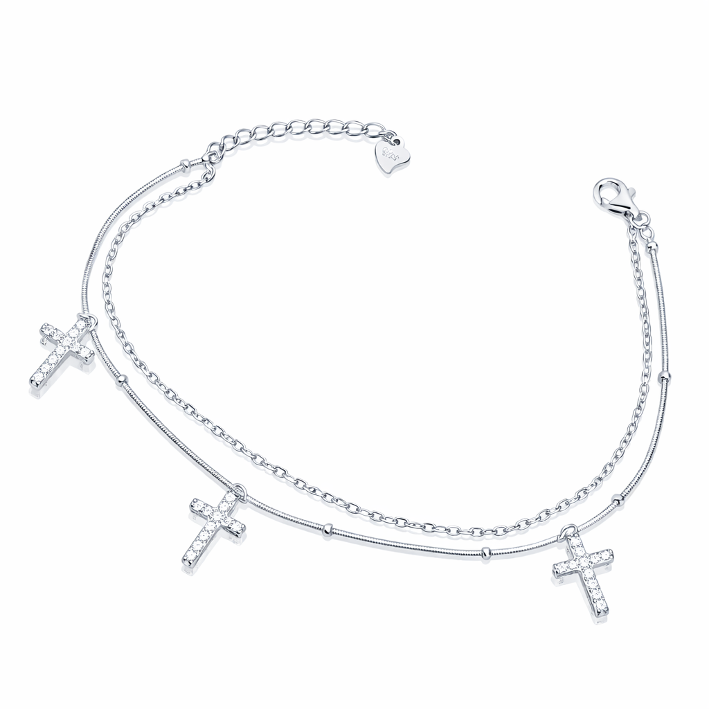 Brățară Dublă Argint 925 Rodiat „Trinity Shine” cu 3 Cruciulițe cu Zirconii – Elegantă și Reglabilă. BD213
