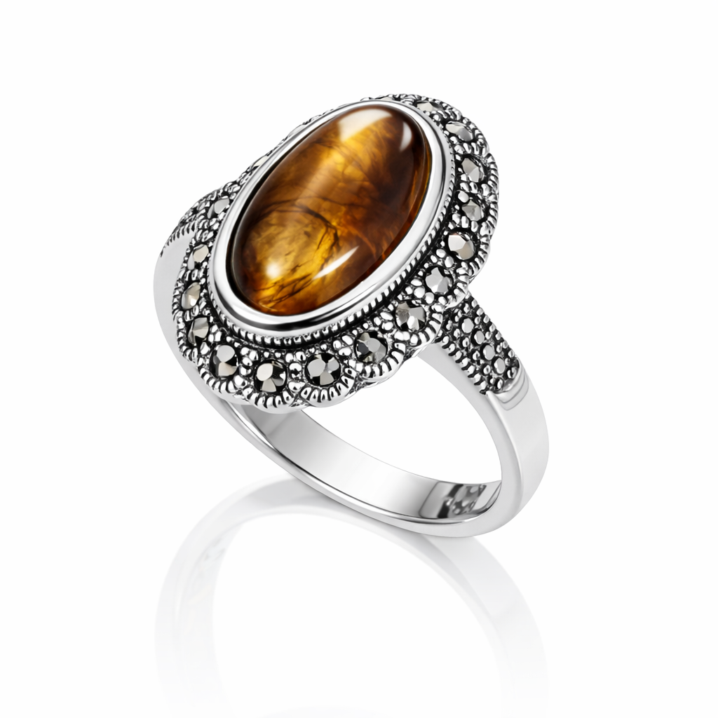 Inel Argint 925 cu Ochi de Tigru Natural și Marcasite | Design Vintage Elegant. ID503