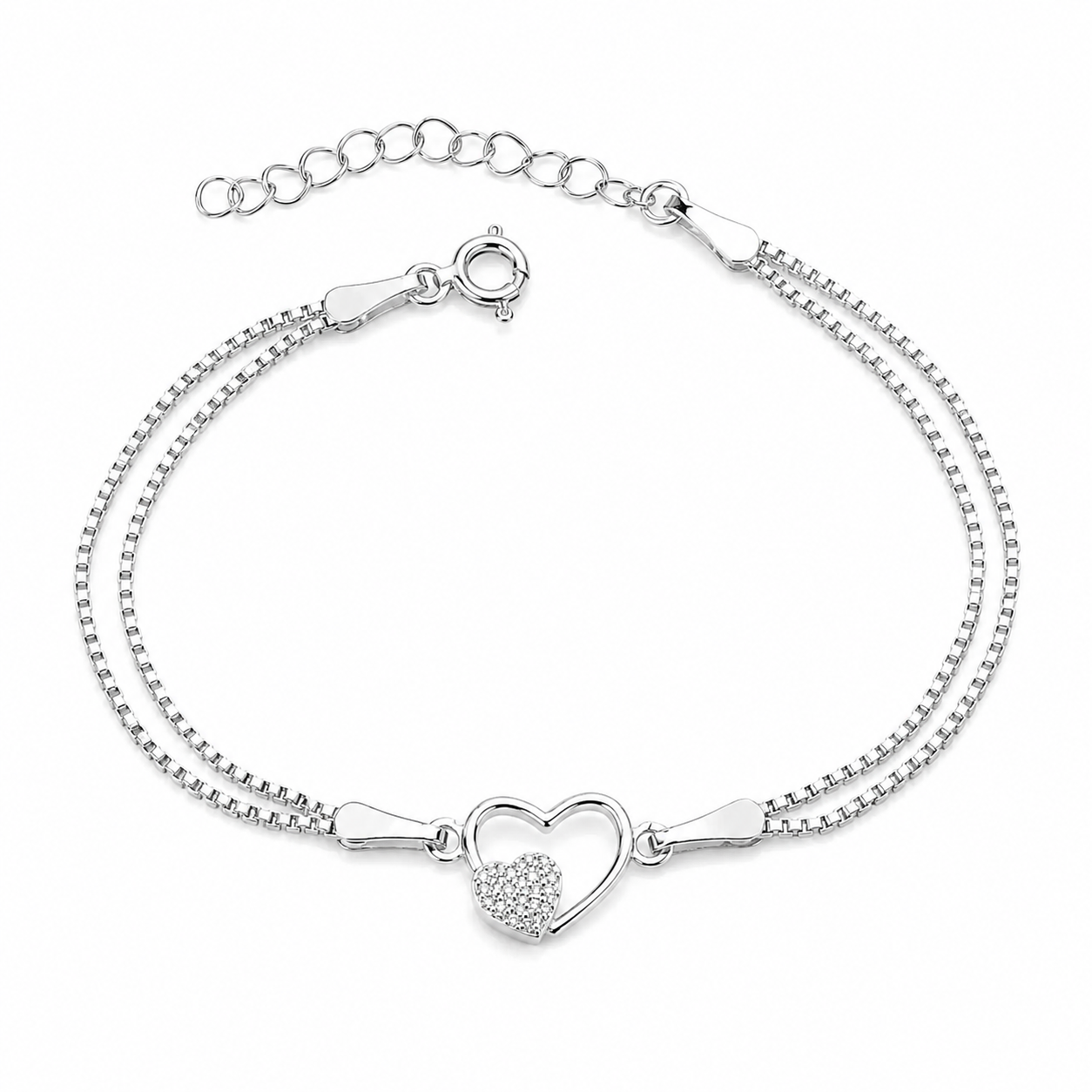 Brățară din Argint 925 „Inima Eternă” – Inimă Dublă cu Zirconii, Reglabilă 16+3 cm. BD445