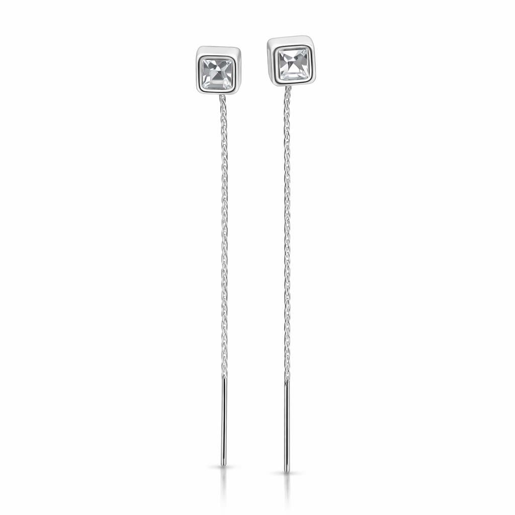 Cercei cu Lanț din Argint 925 cu Zirconiu Pătrat 6x6 mm – Cercei Lungime 7 cm, Design Elegant. CD555