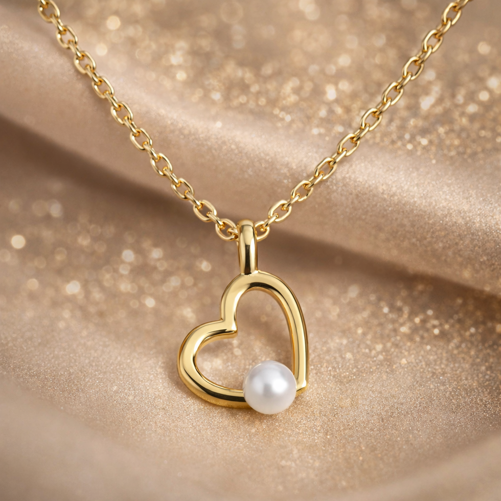 Colier Inimă Delicată cu Perlă – Argint 925 Placat cu Aur 14K, Elegant și Romantic, Lănțișor Ajustabil. C190