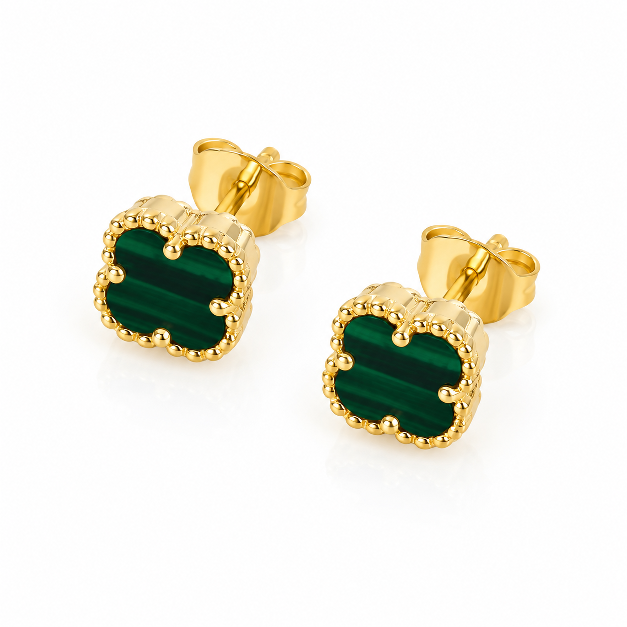 Cercei Delicate Clover din Argint 925 Placat cu Aur 14K și Malachit Verde Natural, Model Tip Van Cleef, 6 mm. CD425