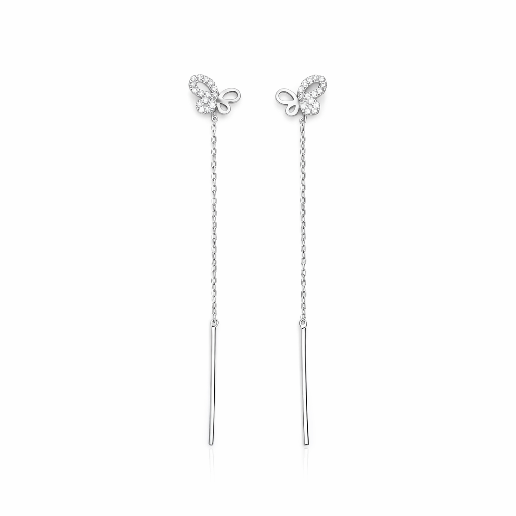 Cercei cu Lanț din Argint 925 Rodiat cu Fluturaș Elegant – Design Modern, Lungime 7 cm. CD587