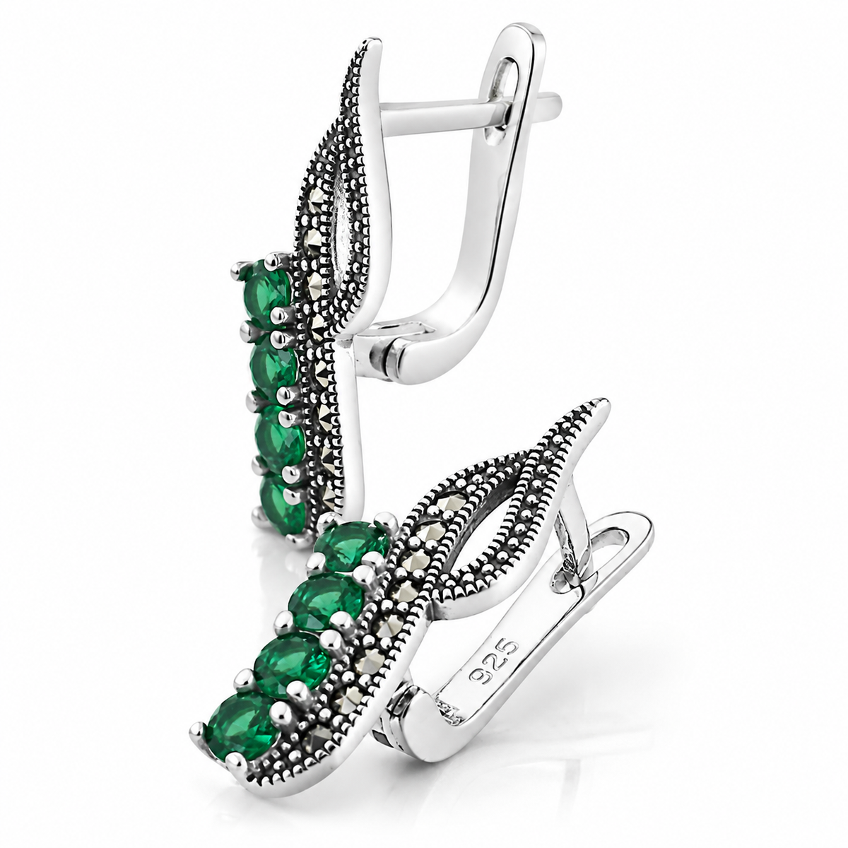 Cercei „Smaraldia” din Argint 925 cu Pietre Verzi și Marcasite – Eleganță Inspirată de Natură