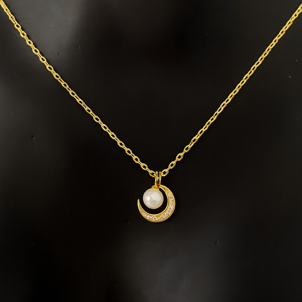 Colier Lună și Perlă Naturală din Argint 925 Placat cu Aur 14K
