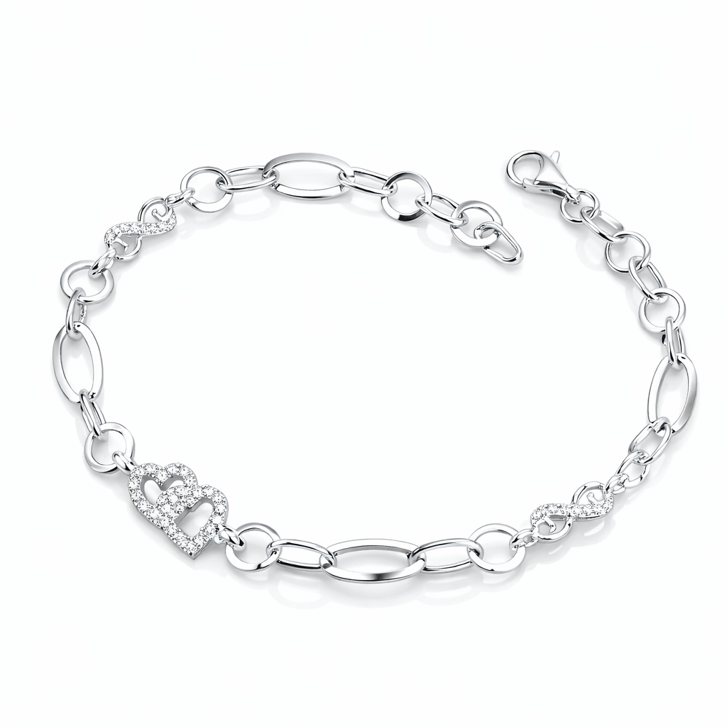 Brățară din Argint 925 „Inimi Unite” – Design Modern cu Inimi Duble, 18,5 cm. BD385