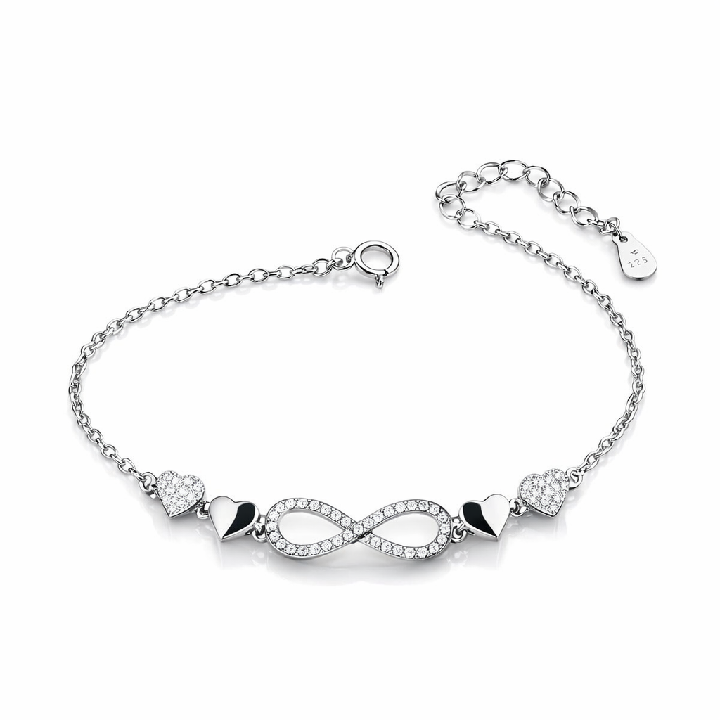 Brățară din Argint 925 Rodiat cu Simbol Infinit și Inimi Pavé, Lungime Ajustabilă 16+3 cm. BD428