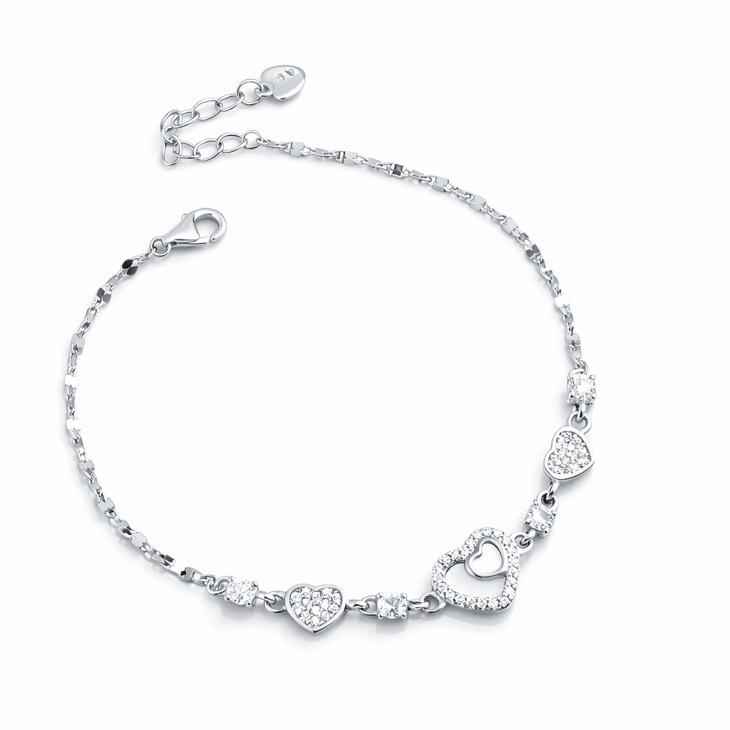 Brățară Argint 925 Rodiat cu Inimă și Sidef Alb – Brățară Elegantă cu Cristale, Lungime Ajustabilă 17+4 cm. BD417