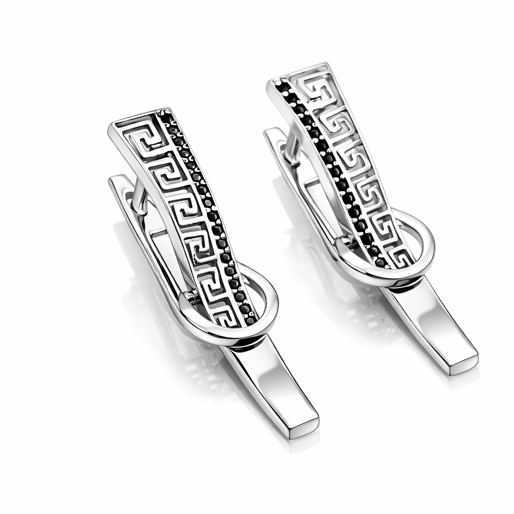 Cercei Argint 925 Rodiat „Helix Noir” – Design Grecesc cu Accente Negre, 3.3 cm. CD561