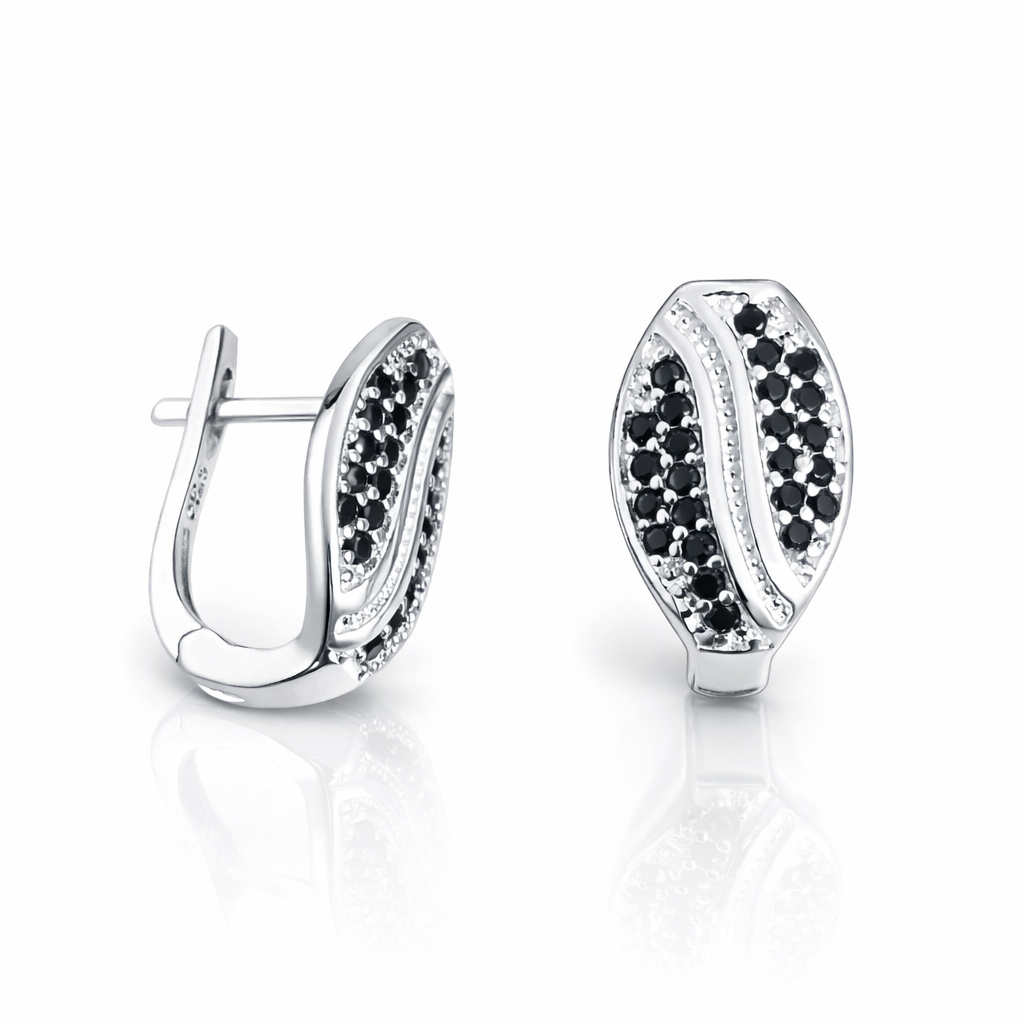 Cercei din Argint 925 cu Zirconii Negre – Model Elegant Tip Frunză 14x8 mm | Cercei Argint Dama Moderni, Cadou Premium. CD534
