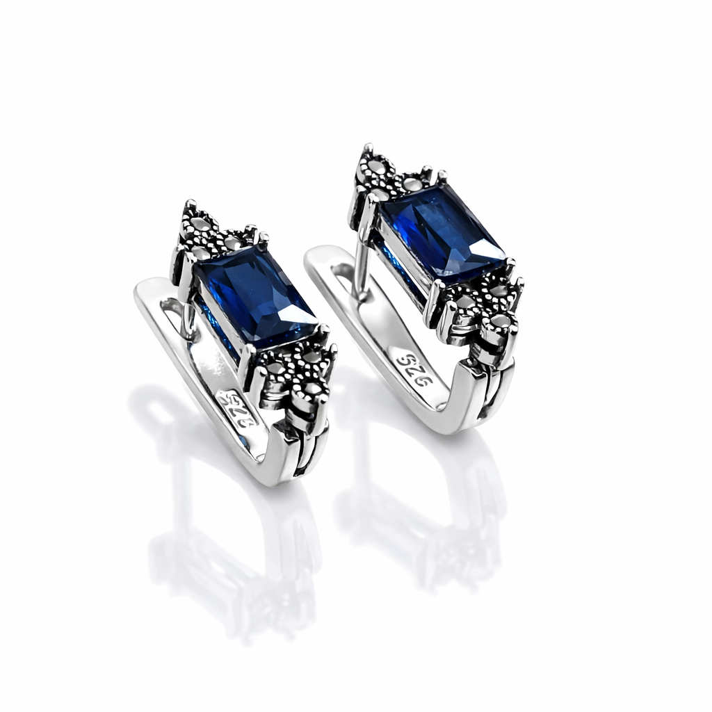 Cercei din Argint 925 cu Spinel Albastru și Marcasite – Design Elegant Vintage, 18 mm. CD569