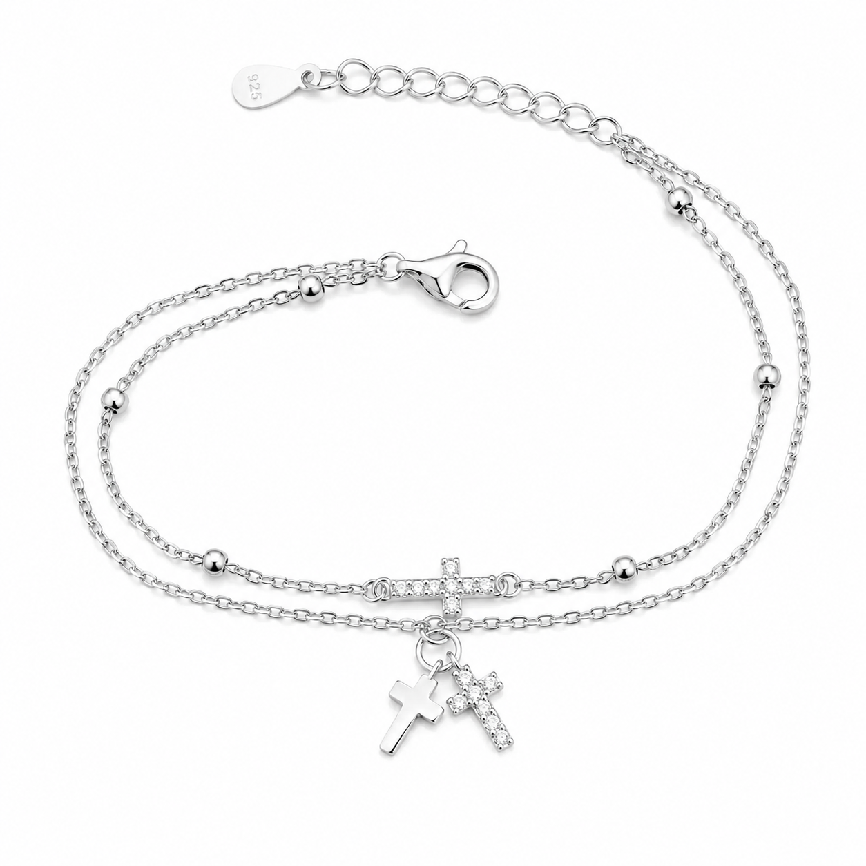 Brățară Dublă din Argint 925 cu Cruciulițe și Zirconii – Brățară Elegantă Reglabilă pentru Femei, 17+3 cm. BD431