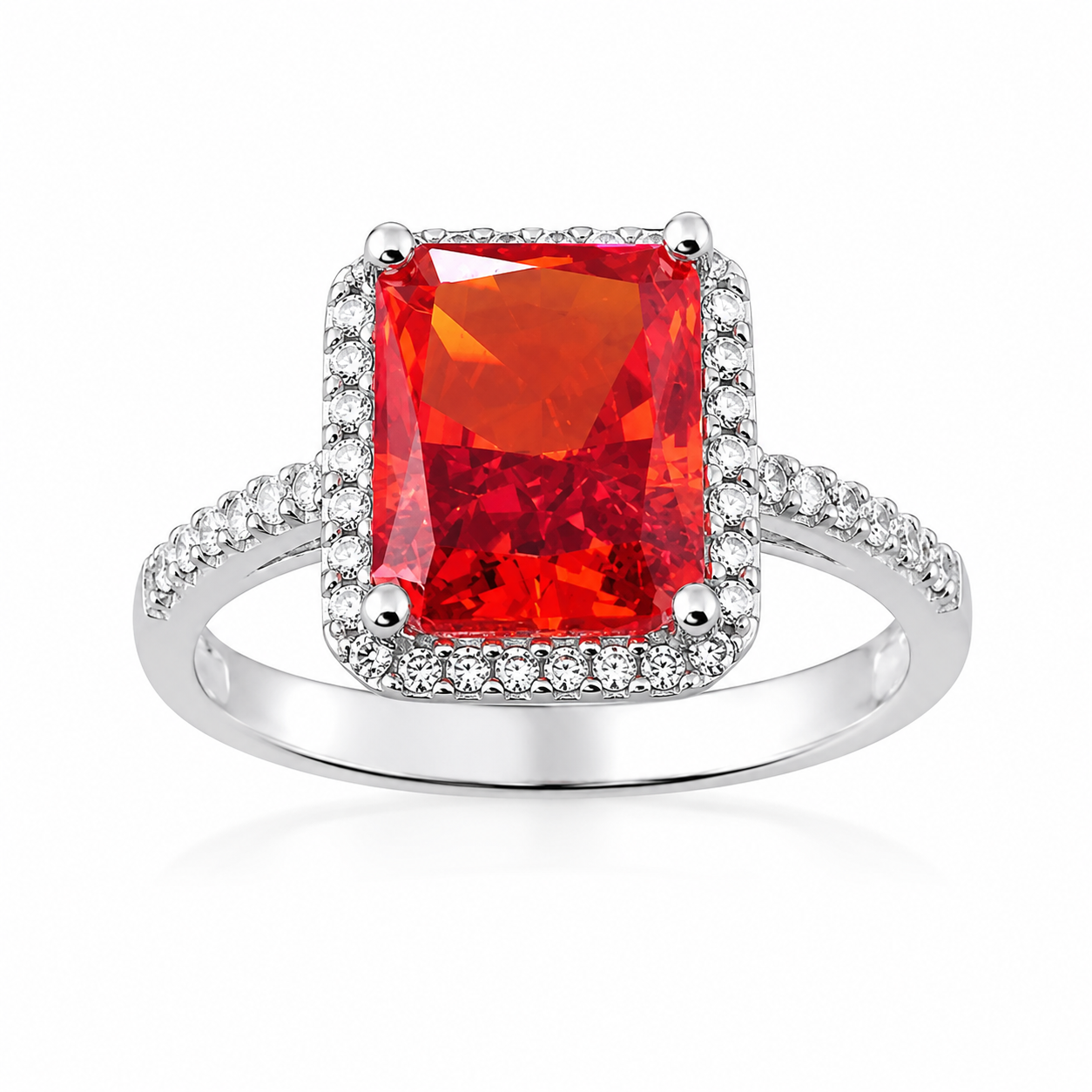 Inel din Argint 925 „Flacăra Regală” cu Zirconiu Roșu Rectangular 10x8 mm și Halo cu Zirconii – Eleganță Distinsă. ID537