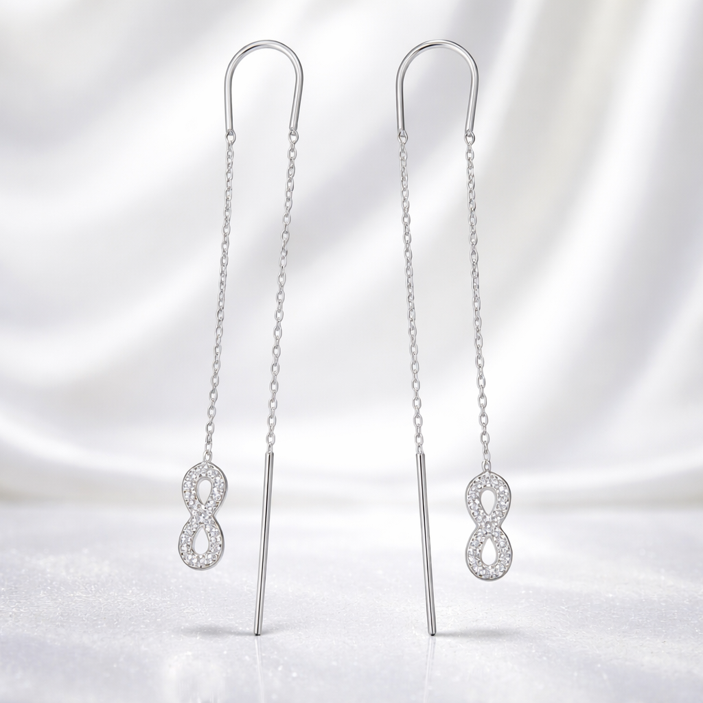 Cercei Lungi Tip Threader din Argint 925 cu Simbol Infinit și Zirconii – Eleganță Minimalistă Premium, 7.5 cm, Infinity Earrings Romania. CD626