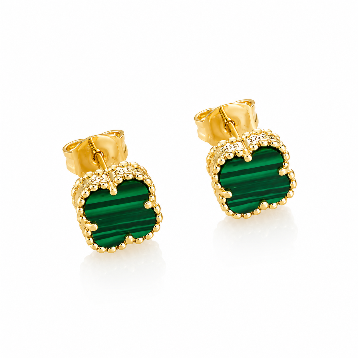 Cercei Delicate Clover din Argint 925 Placat cu Aur 14K și Malachit Verde Natural, Model Tip Van Cleef, 6 mm. CD425