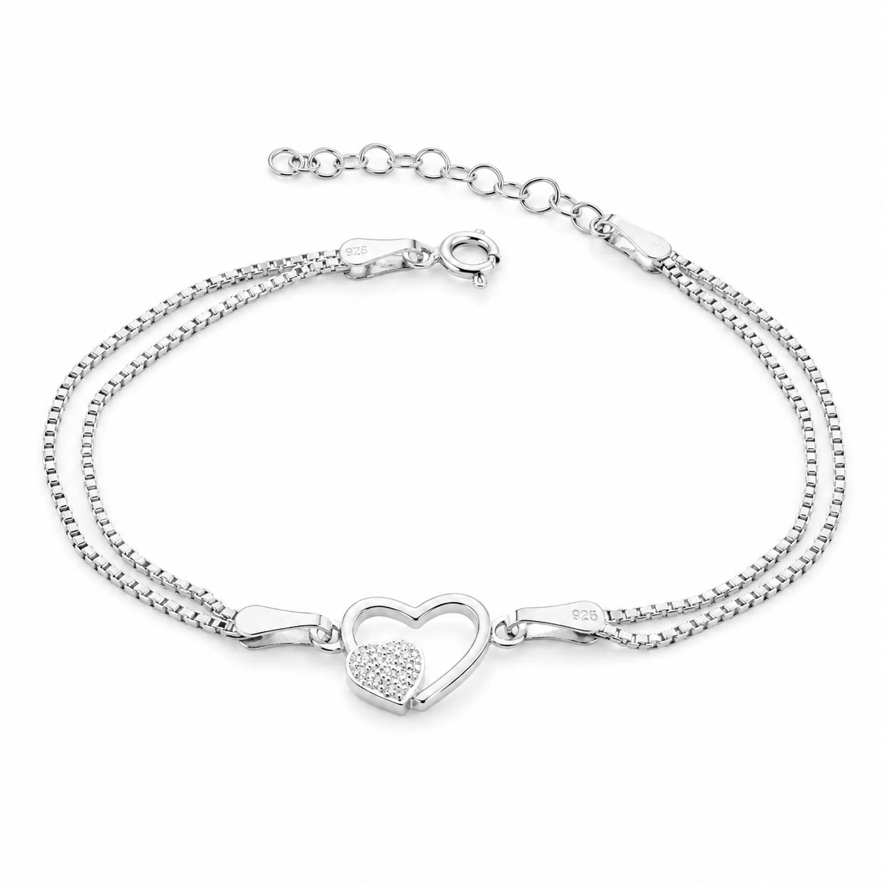 Brățară din Argint 925 „Inima Eternă” – Inimă Dublă cu Zirconii, Reglabilă 16+3 cm. BD445