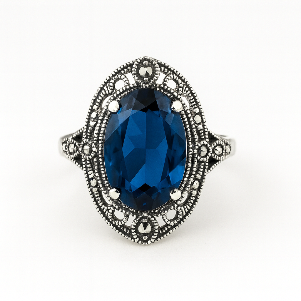 Inel statement argint 925 piatra albastru safir marimea 22