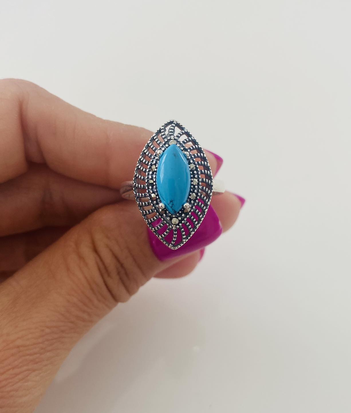 Inel argint 925 safira turcoaz marquise marimea 19