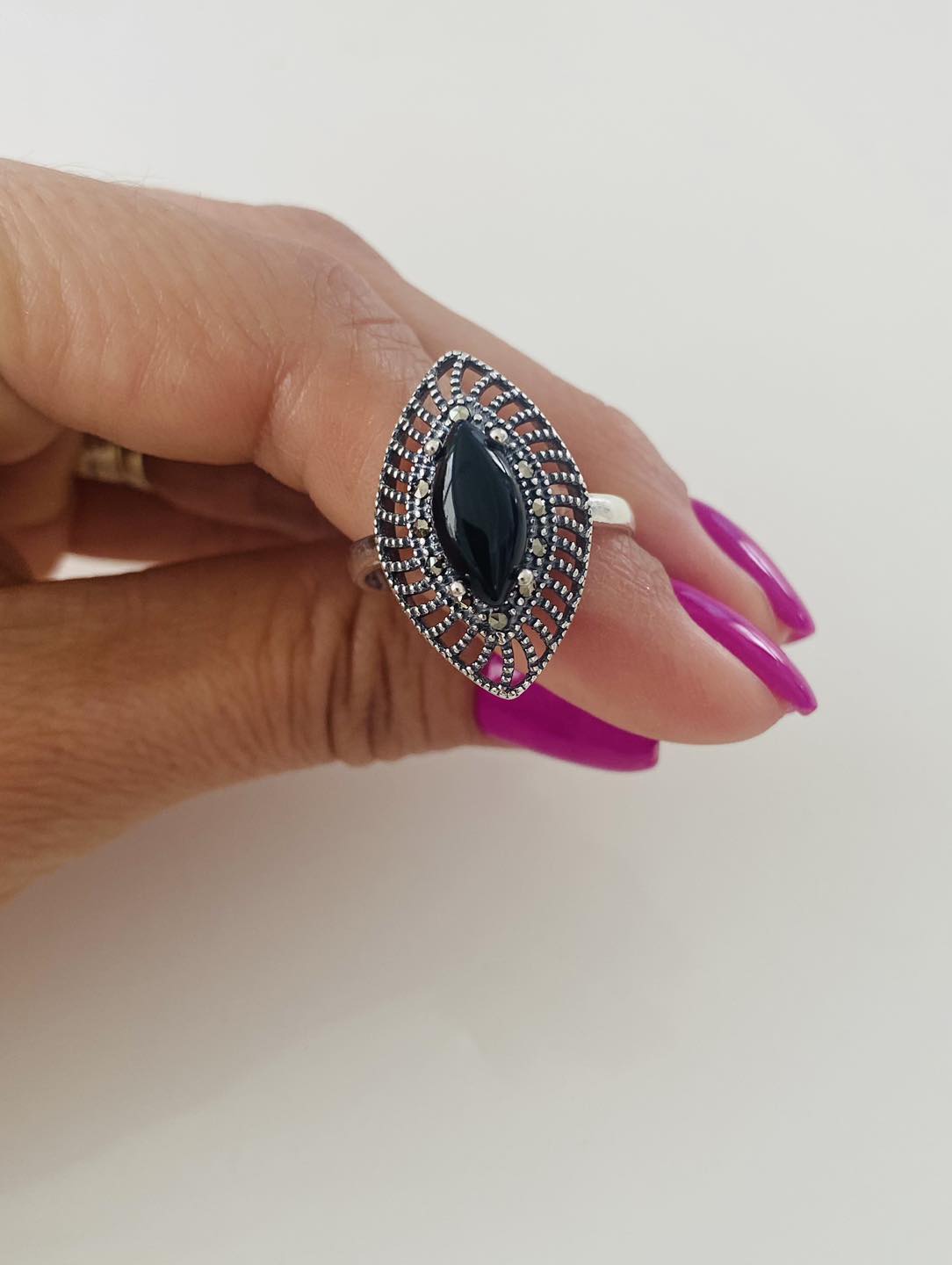 Inel argint 925 cu onix negru marquise marimea 19