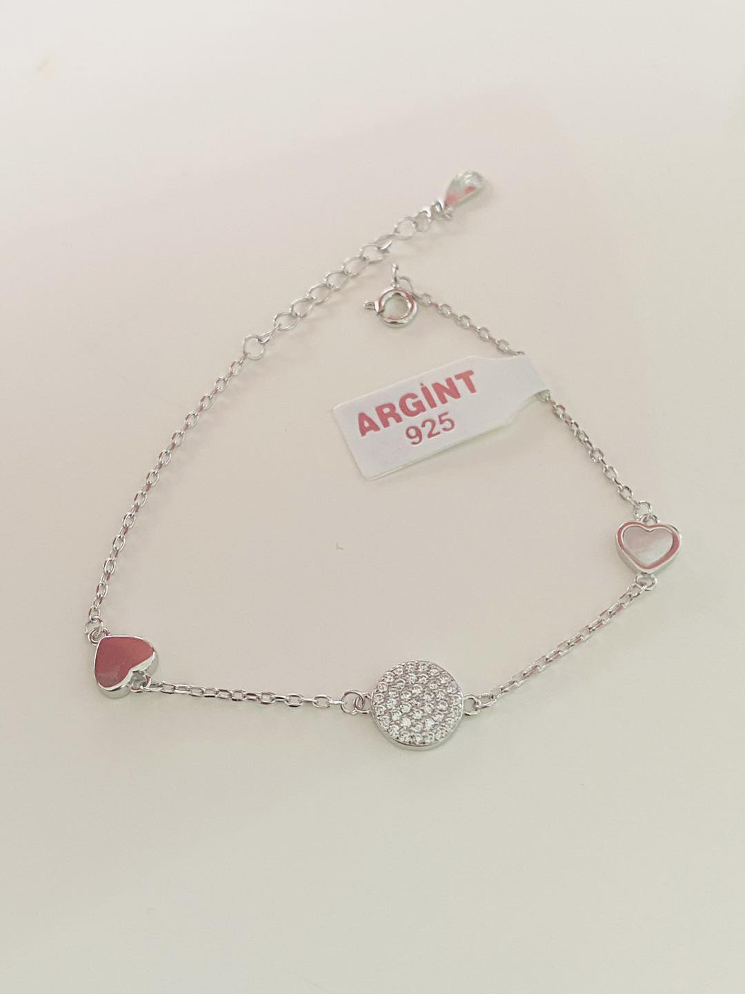 Brățară din Argint 925 cu Inimioare Sidef și Medalion Zirconii – Ajustabilă BD15