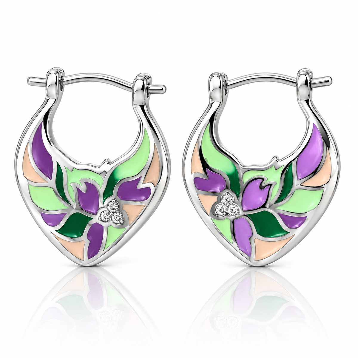 Cercei Damă din Argint 925 cu Email Floral Multicolor și Zirconii – Model Elegant Floare, Mov și Verde