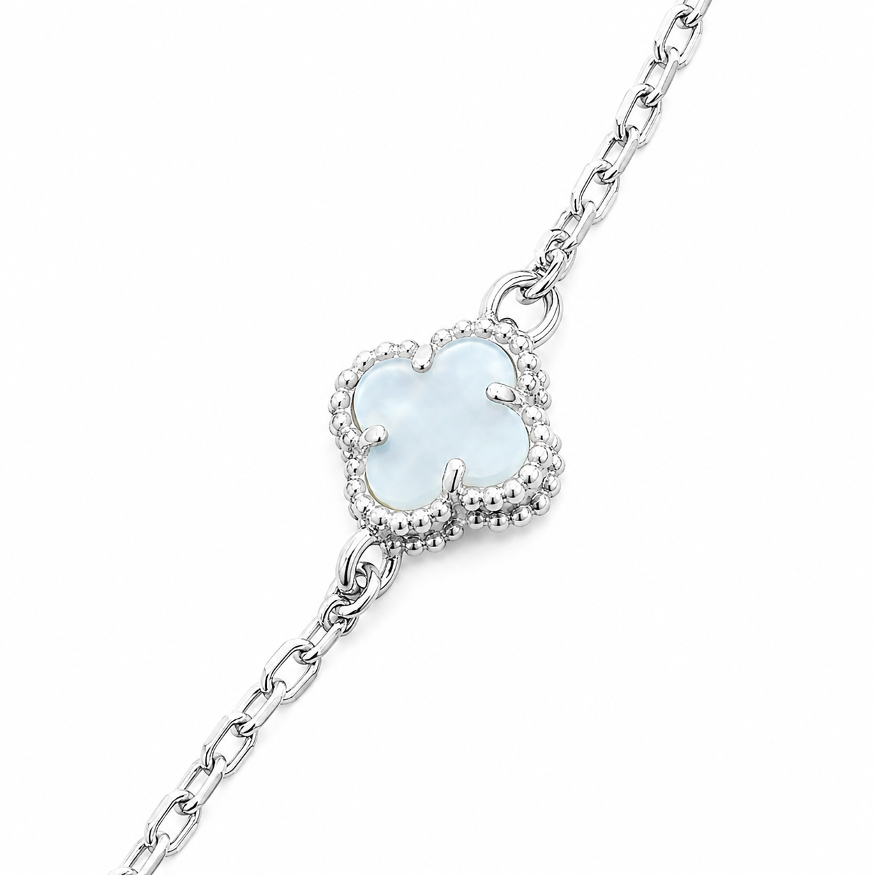 Brățară din Argint 925 „Trifoiul Regal” cu Sidef Alb – Model Elegant inspirat Van Cleef, Reglabilă 16+5 cm.  BD231