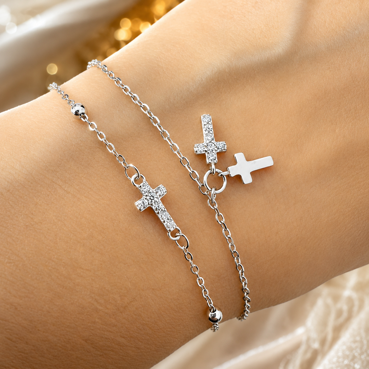 Brățară Dublă din Argint 925 cu Cruciulițe și Zirconii – Brățară Elegantă Reglabilă pentru Femei, 17+3 cm. BD431