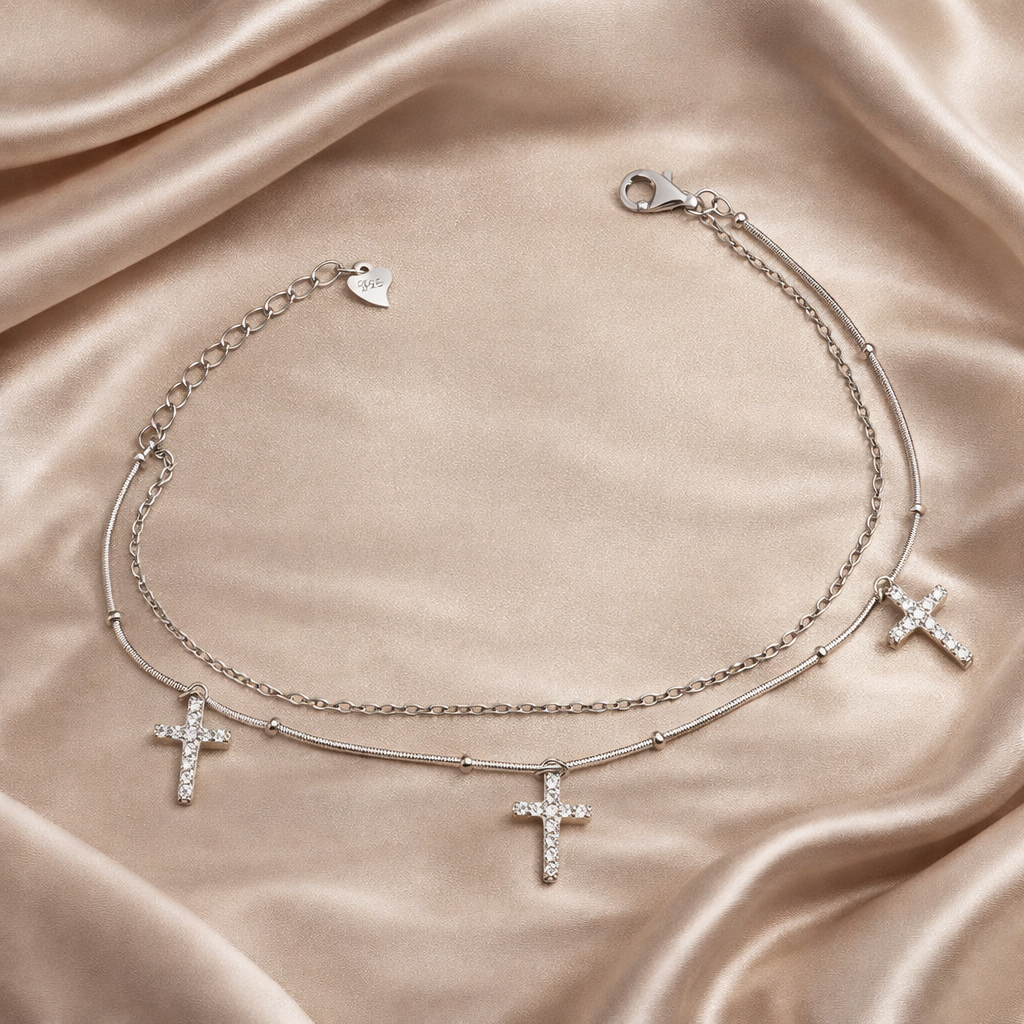 Brățară Dublă Argint 925 Rodiat „Trinity Shine” cu 3 Cruciulițe cu Zirconii – Elegantă și Reglabilă. BD213