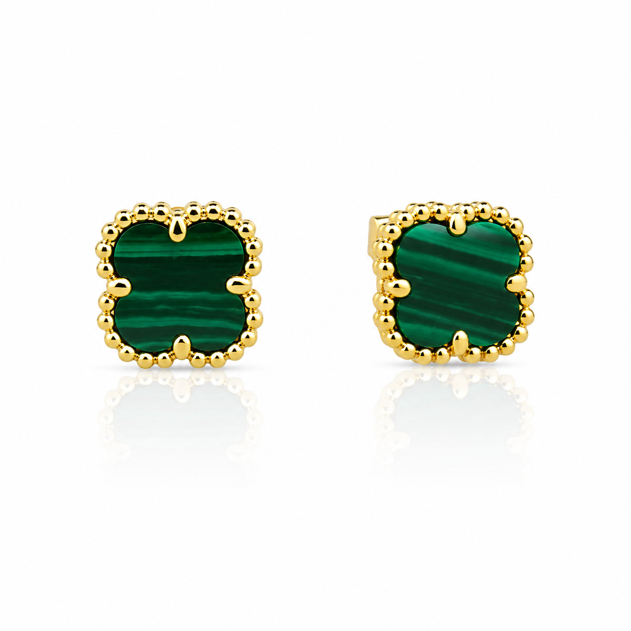 Cercei Delicate Clover din Argint 925 Placat cu Aur 14K și Malachit Verde Natural, Model Tip Van Cleef, 6 mm. CD425