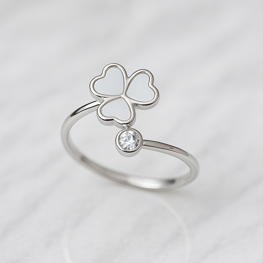 Inel Reglabil Trifoi cu Email Alb din Argint 925 Rodiat, Design Elegant. ID524