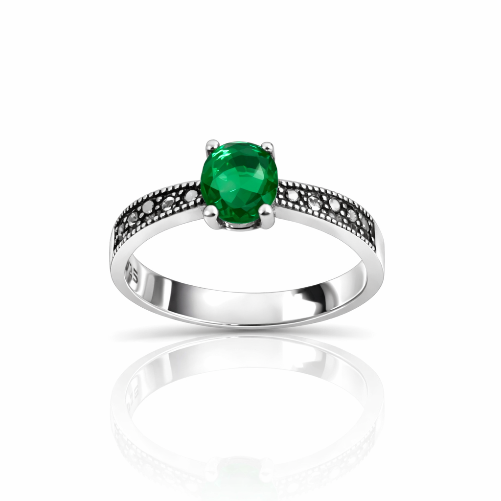 Inel Argint 925 „Smarald Nocturn” cu Marcasite și Piatră Verde Ovală