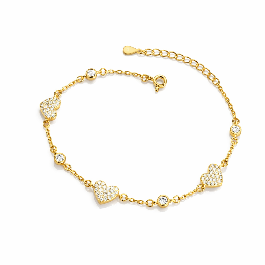 Brățară Argint 925 Aurit cu Inimioare Zirconia – Reglabilă 16+3 cm, Model Elegant Romantic. BD394