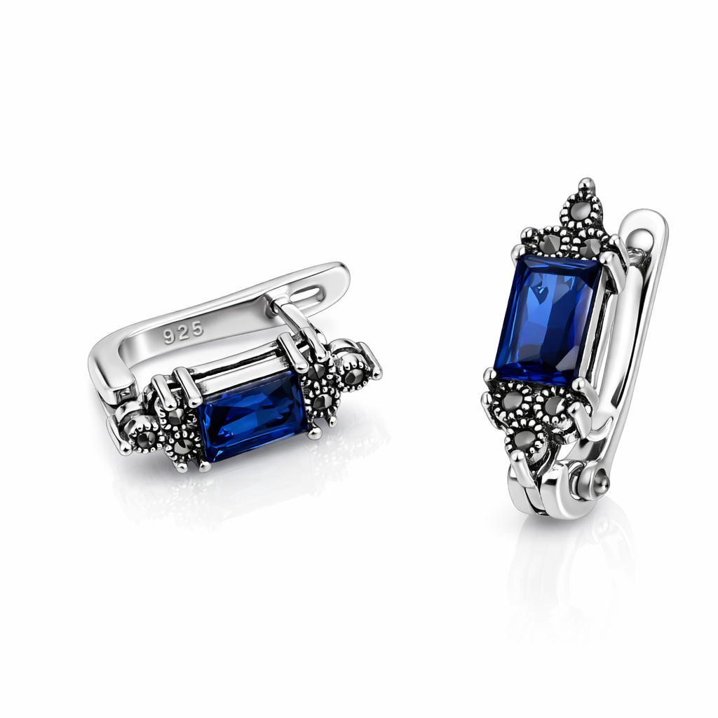 Cercei din Argint 925 cu Spinel Albastru și Marcasite – Design Elegant Vintage, 18 mm. CD569