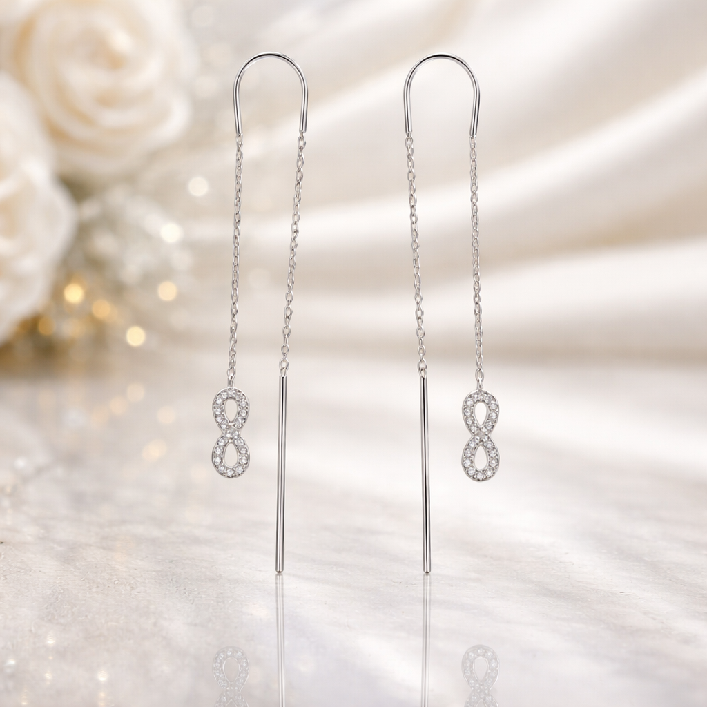 Cercei Lungi Tip Threader din Argint 925 cu Simbol Infinit și Zirconii – Eleganță Minimalistă Premium, 7.5 cm, Infinity Earrings Romania. CD626