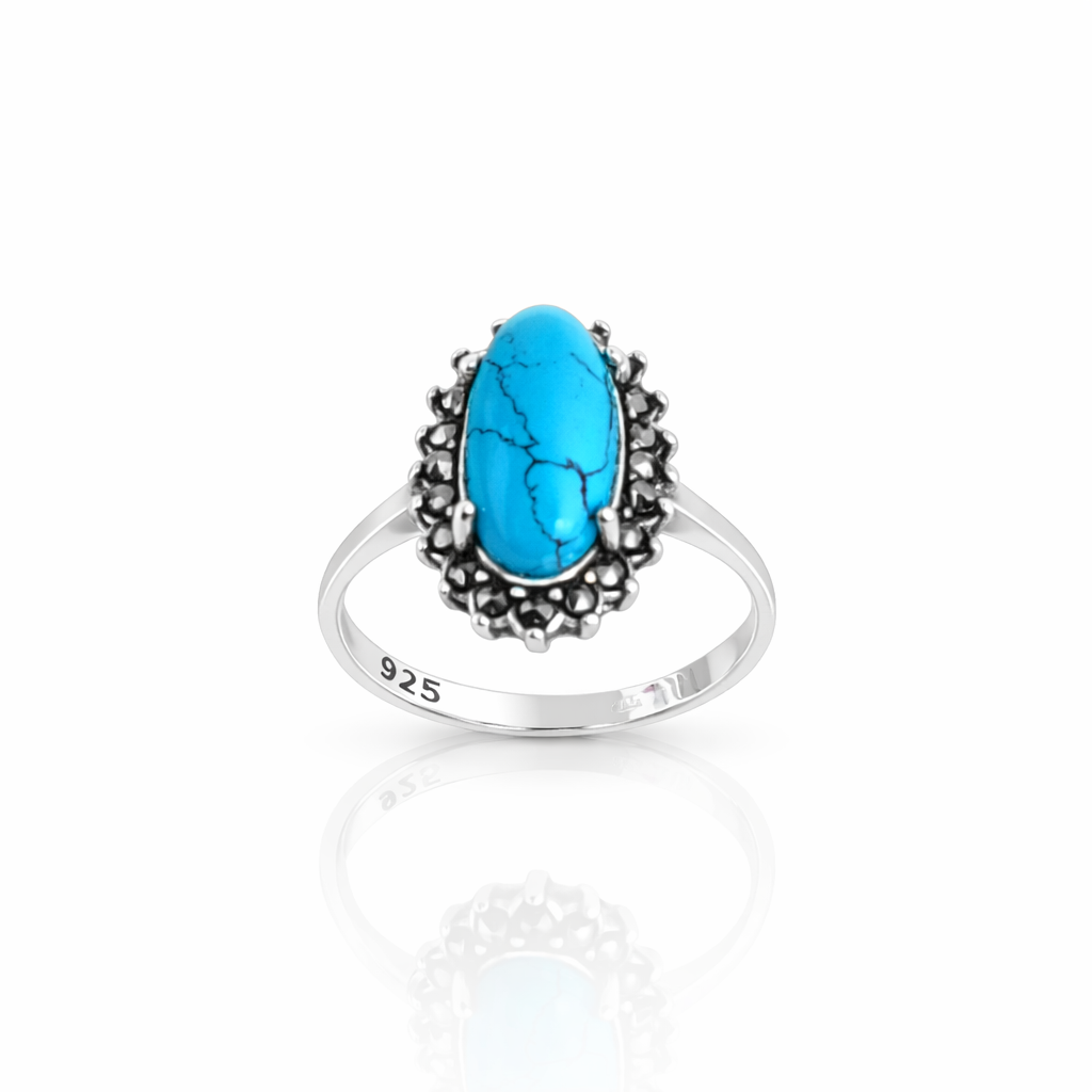 Inel Argint 925 cu Turcoaz Oval 14x7 mm și Marcazite – Bijuterie Elegantă Vintage. ID508