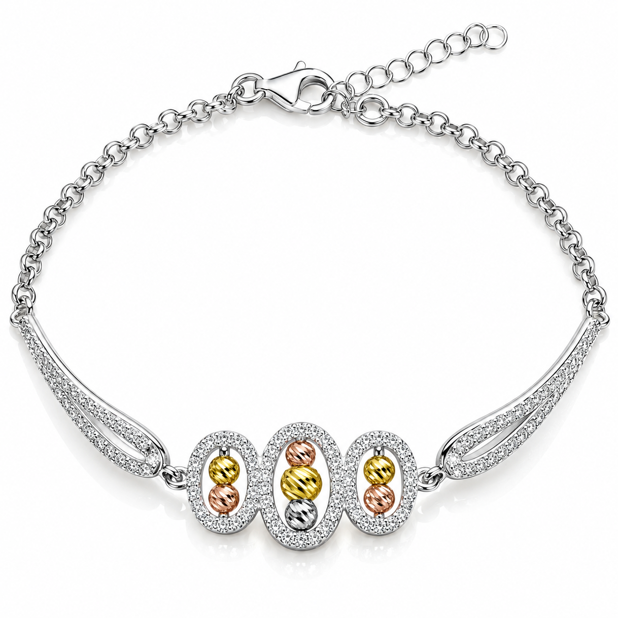 Brățară Damă „Trinità Aurelia” din Argint 925 – Accente Tricolore, Zirconii Strălucitoare, 17 + 2,5 cm