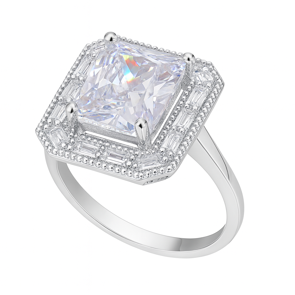 Inel Elegant din Argint 925 cu Piatra Patrata Tip Diamant, Stil Vintage, Mărime 18