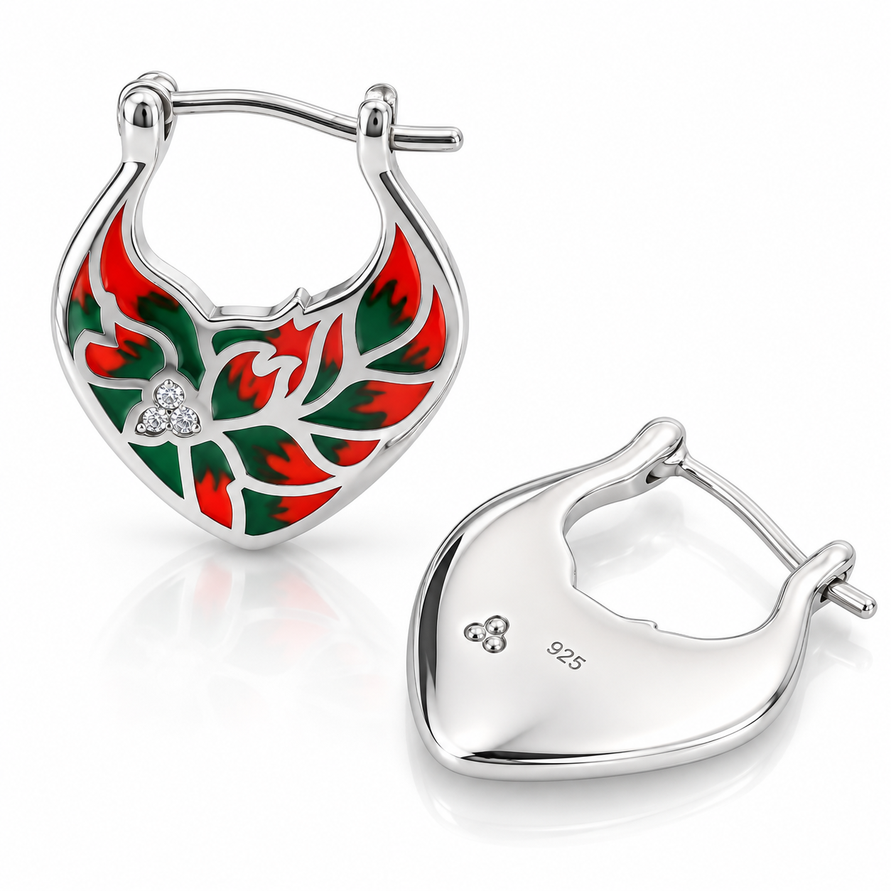 Cercei Damă din Argint 925 cu Email Roșu și Verde, Model Floral Tradițional și Zirconii – Eleganță cu Personalitate
