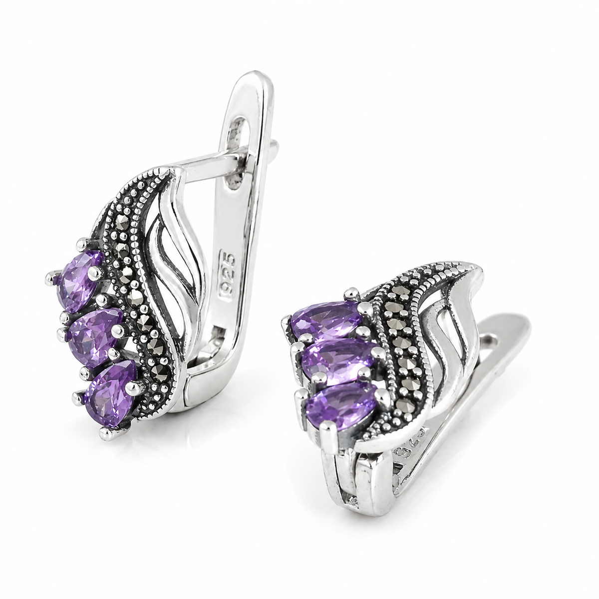 Cercei Damă din Argint 925 „Amalia” cu Pietre Mov și Marcasite – Eleganță Vintage