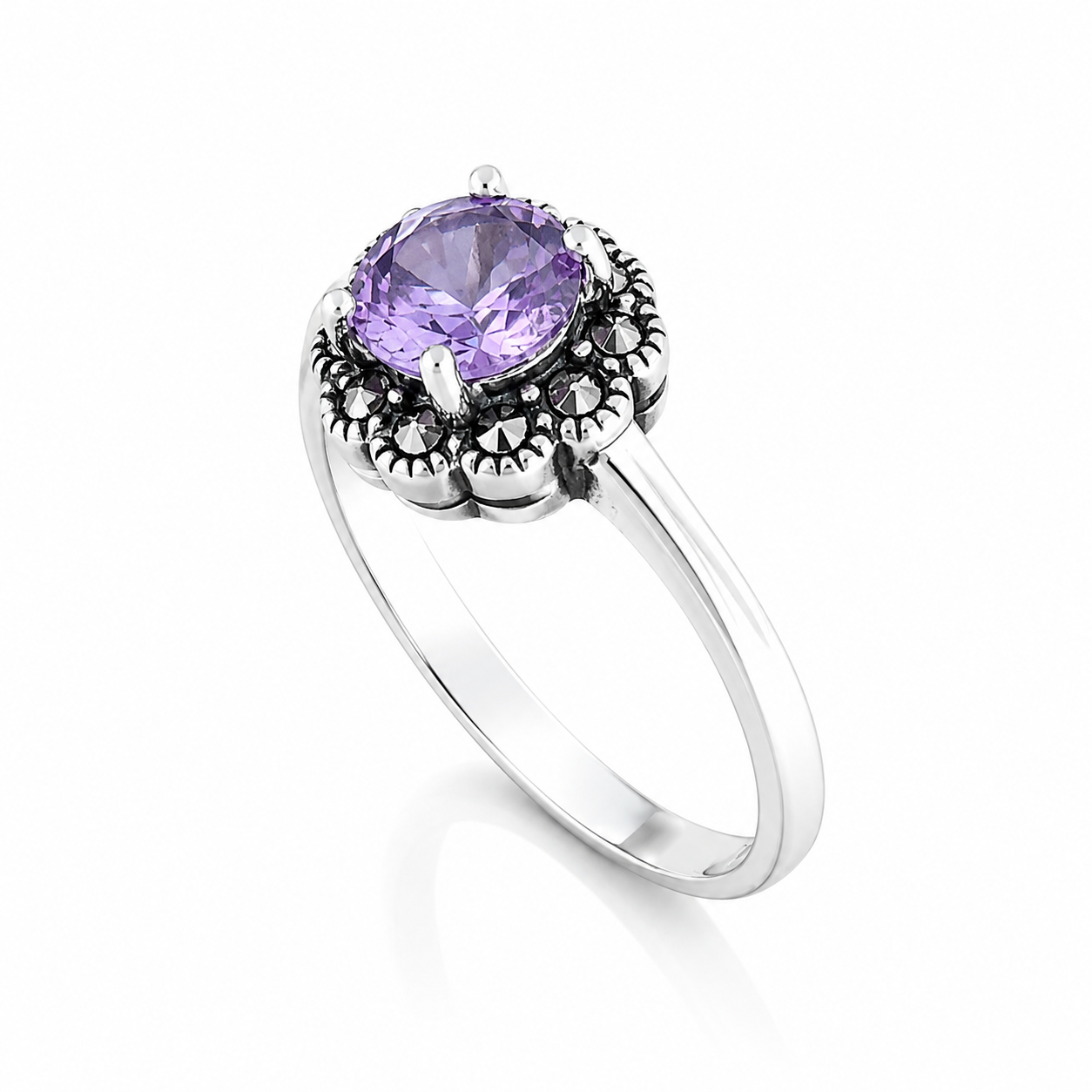 Inel din Argint 925 „Violeta Regală” cu Piatră Mov și Marcasite – 2,90 g ID581