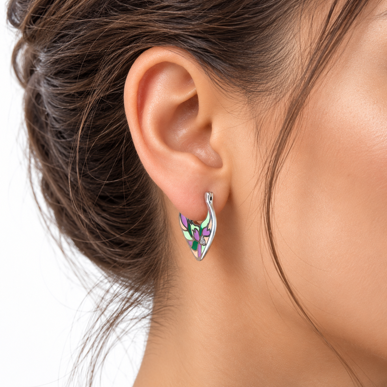 Cercei Damă din Argint 925 cu Email Floral Multicolor și Zirconii – Model Elegant Floare, Mov și Verde