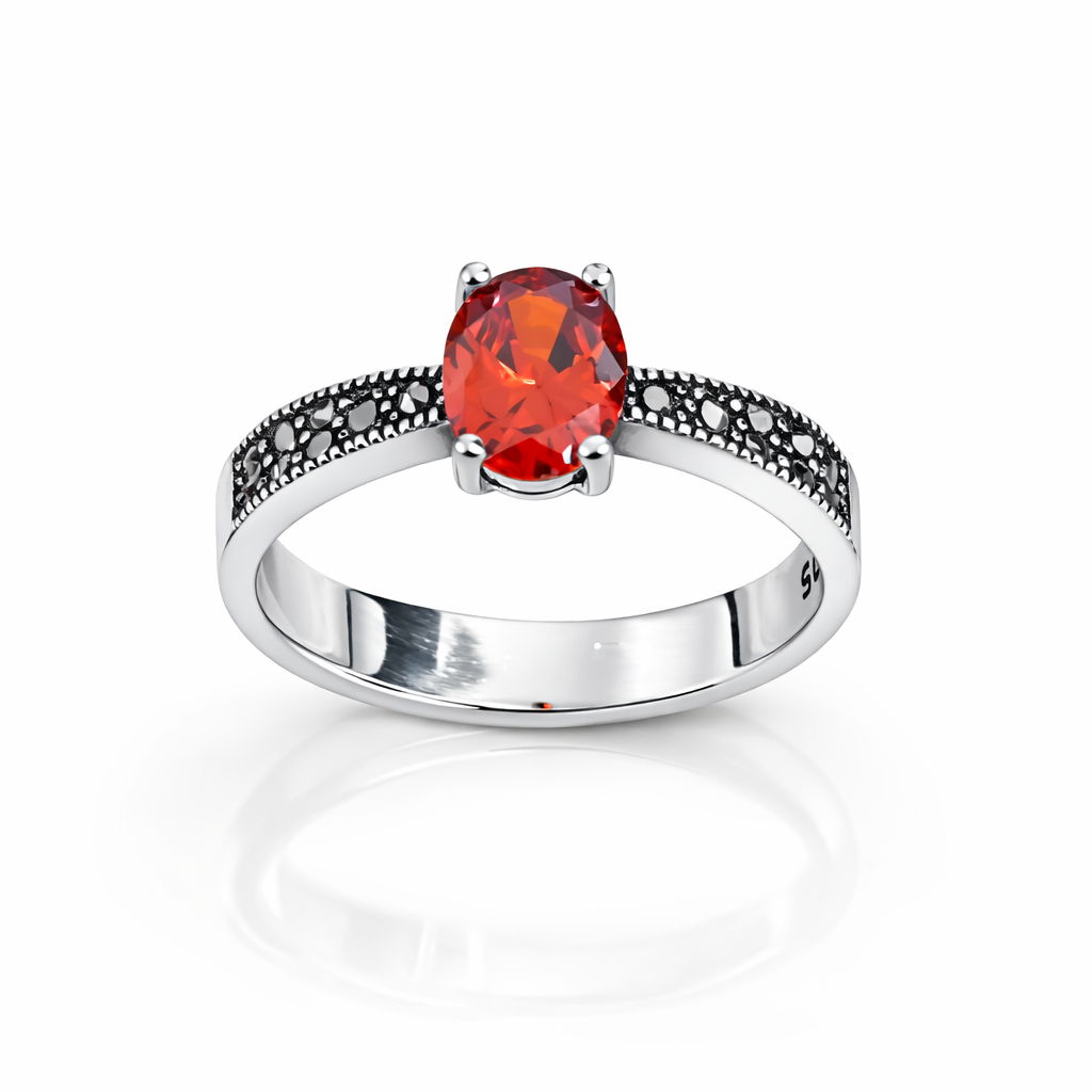 Inel Imperial Ruby Night – Argint 925 cu Marcasite și Piatră Roșie Ovală. ID514