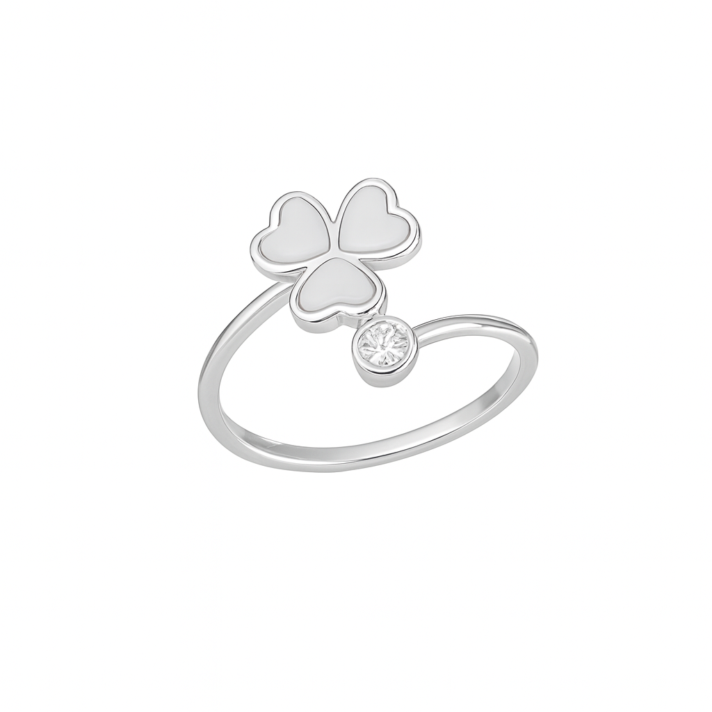 Inel Reglabil Trifoi cu Email Alb din Argint 925 Rodiat, Design Elegant. ID524