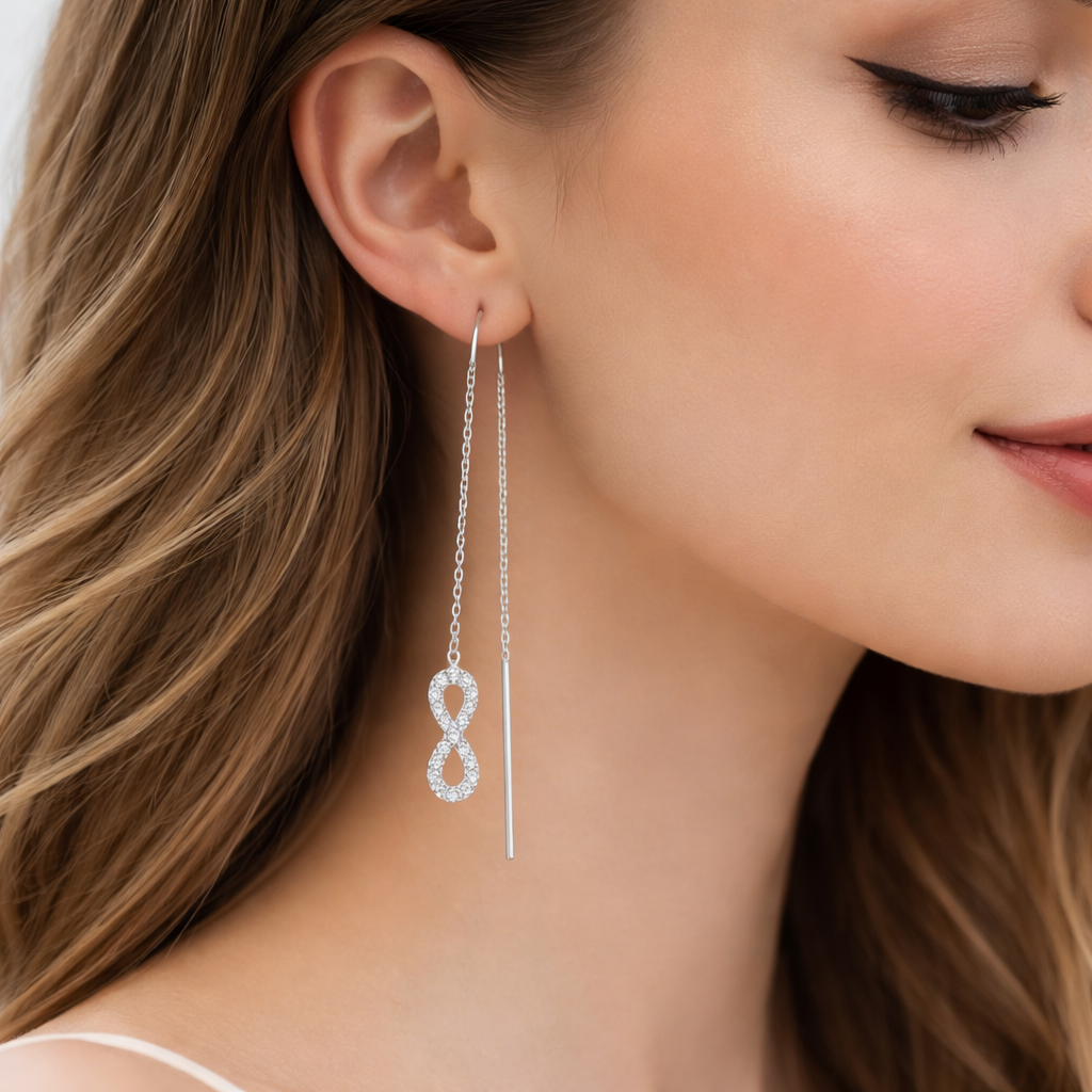 Cercei Lungi Tip Threader din Argint 925 cu Simbol Infinit și Zirconii – Eleganță Minimalistă Premium, 7.5 cm, Infinity Earrings Romania. CD626