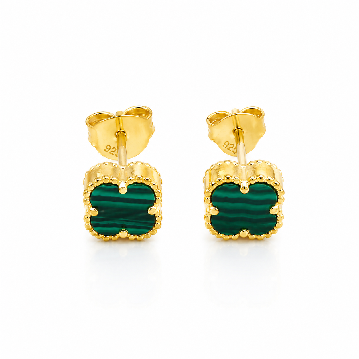 Cercei Delicate Clover din Argint 925 Placat cu Aur 14K și Malachit Verde Natural, Model Tip Van Cleef, 6 mm. CD425