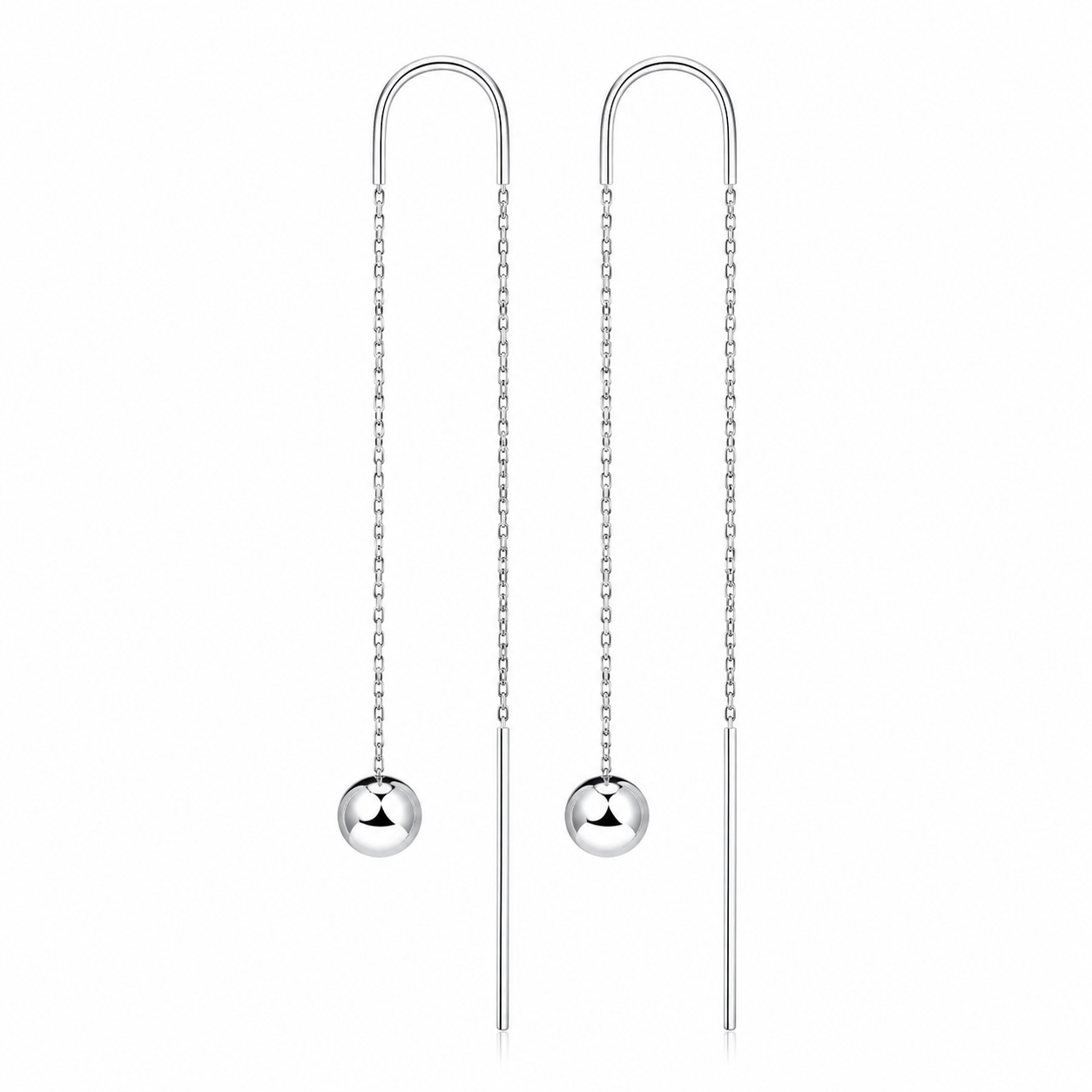 Cercei Silver Flow din Argint 925 – Cercei Threader Lungi cu Biluță 5 mm, Design Minimalist, 8 cm. CD627