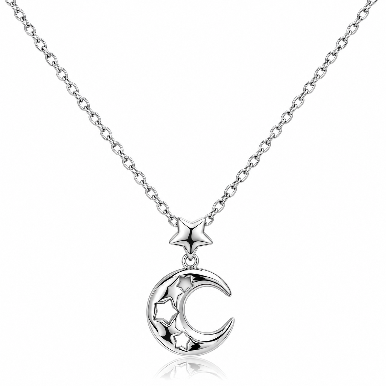 Colier „Luna de Argint” cu Stele – Argint 925, Pandantiv Semilună, 41 + 5 cm, Bijuterie Damă